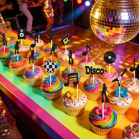 36 Pack 70's & 80's Disco Cupcake Toppers Black and Gold Glitter Dancing Cupcake Picks Disco Cupcake Decorations for Disco Theme Party Decorations Music Party Supplies in Saudi Arabia