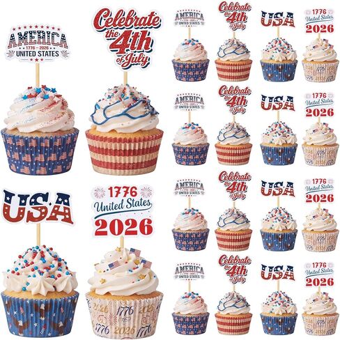 Patelai 24 Pcs 4th of July American Patriotic Cupcake Toppers 250th Anniversary Cupcake Wrappers USA Flag Cake Glitters Toppers for 2026 Independence Day Party Decor Supplies in Kuwait