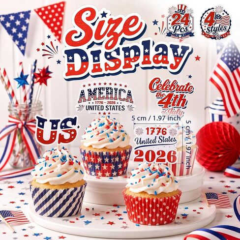 Patelai 24 Pcs 4th of July American Patriotic Cupcake Toppers 250th Anniversary Cupcake Wrappers USA Flag Cake Glitters Toppers for 2026 Independence Day Party Decor Supplies in Kuwait