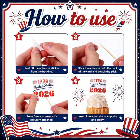 Patelai 24 Pcs 4th of July American Patriotic Cupcake Toppers 250th Anniversary Cupcake Wrappers USA Flag Cake Glitters Toppers for 2026 Independence Day Party Decor Supplies in Kuwait
