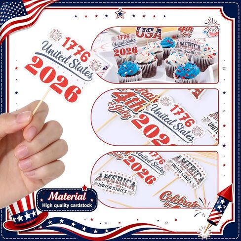 Patelai 24 Pcs 4th of July American Patriotic Cupcake Toppers 250th Anniversary Cupcake Wrappers USA Flag Cake Glitters Toppers for 2026 Independence Day Party Decor Supplies in Kuwait