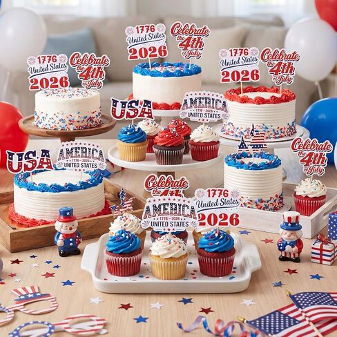 Patelai 24 Pcs 4th of July American Patriotic Cupcake Toppers 250th Anniversary Cupcake Wrappers USA Flag Cake Glitters Toppers for 2026 Independence Day Party Decor Supplies in Kuwait