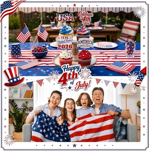 Patelai 24 Pcs 4th of July American Patriotic Cupcake Toppers 250th Anniversary Cupcake Wrappers USA Flag Cake Glitters Toppers for 2026 Independence Day Party Decor Supplies in Kuwait