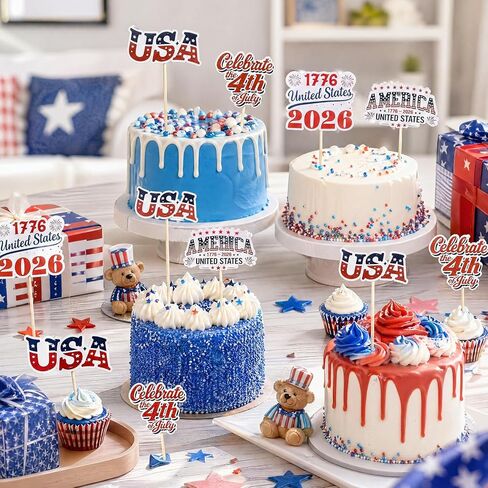 Patelai 24 Pcs 4th of July American Patriotic Cupcake Toppers 250th Anniversary Cupcake Wrappers USA Flag Cake Glitters Toppers for 2026 Independence Day Party Decor Supplies in Kuwait