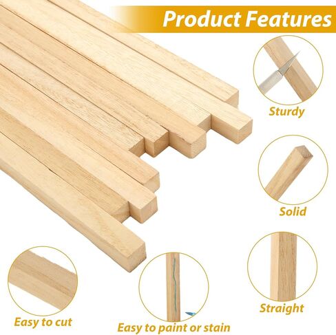 100PCS 1/2" x 12" Square Dowel Rods, Square Wooden Sticks for Crafts, Unfinished Wood Strips for Woodworking, Crafting, Home Decor, Model Making in Kuwait
