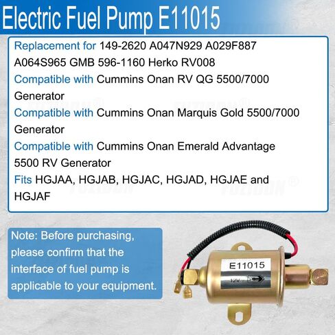 E11015 Electric Fuel Pump for Onan 5500 5.5KW RV Generator - 304 Stainless Steel Housing - Fits HGJAB Series & Cummins EVAP - Replaces A029F887, 149-2620 in Saudi Arabia