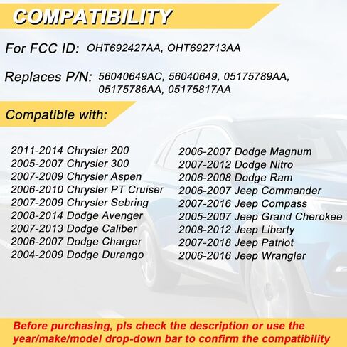 Vurkcy Key Fob Replacement for 2004-2007 Chrysler Caravan& Grand Caravan Town Country/ 04-08 Pacifica/ 05-07 Liberty Car Keyless Entry Remote Control, OHT692427AA OHT692713AA, 4-Btn in Kuwait