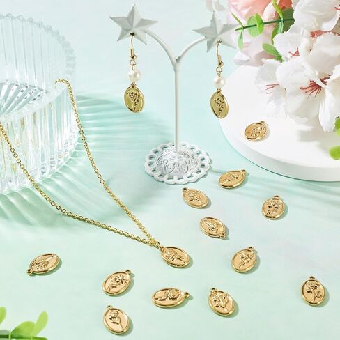 12Pcs Stainless Steel Real 18K Gold Plated Flower Charms - Golden Floral Charms 18x11.5x2mm Oval with Rose Pendants for DIY Crafts Jewelry Making Earring Necklace Keychains in Saudi Arabia