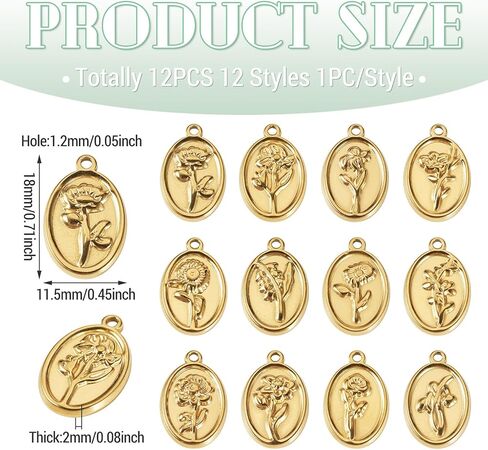 12Pcs Stainless Steel Real 18K Gold Plated Flower Charms - Golden Floral Charms 18x11.5x2mm Oval with Rose Pendants for DIY Crafts Jewelry Making Earring Necklace Keychains in Saudi Arabia