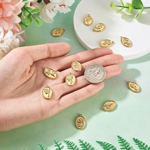 12Pcs Stainless Steel Real 18K Gold Plated Flower Charms - Golden Floral Charms 18x11.5x2mm Oval with Rose Pendants for DIY Crafts Jewelry Making Earring Necklace Keychains in Saudi Arabia