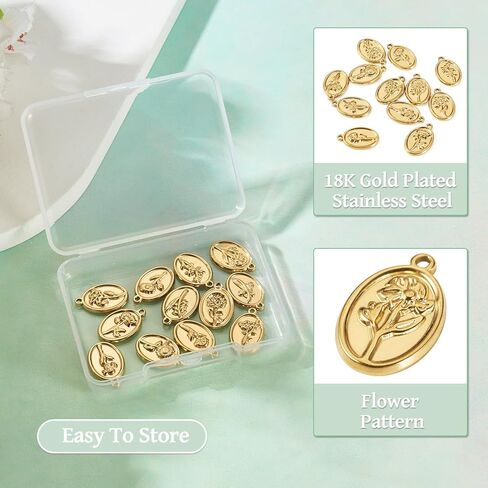 12Pcs Stainless Steel Real 18K Gold Plated Flower Charms - Golden Floral Charms 18x11.5x2mm Oval with Rose Pendants for DIY Crafts Jewelry Making Earring Necklace Keychains in Saudi Arabia