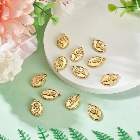 12Pcs Stainless Steel Real 18K Gold Plated Flower Charms - Golden Floral Charms 18x11.5x2mm Oval with Rose Pendants for DIY Crafts Jewelry Making Earring Necklace Keychains in Saudi Arabia