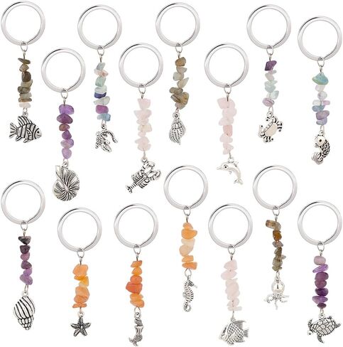 PH PandaHall 15pcs Gemstone Keychain, Sea Animal Charm Keyring Shell Mermaid Charm Pendants Key Chain with Split Keyring for Handbag Purse Phone Car Keys Birthday Christmas Party Favor Supplies in Kuwait