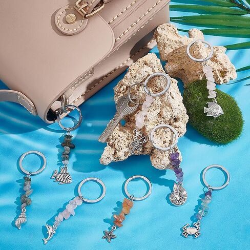 PH PandaHall 15pcs Gemstone Keychain, Sea Animal Charm Keyring Shell Mermaid Charm Pendants Key Chain with Split Keyring for Handbag Purse Phone Car Keys Birthday Christmas Party Favor Supplies in Kuwait