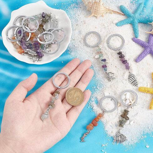 PH PandaHall 15pcs Gemstone Keychain, Sea Animal Charm Keyring Shell Mermaid Charm Pendants Key Chain with Split Keyring for Handbag Purse Phone Car Keys Birthday Christmas Party Favor Supplies in Kuwait