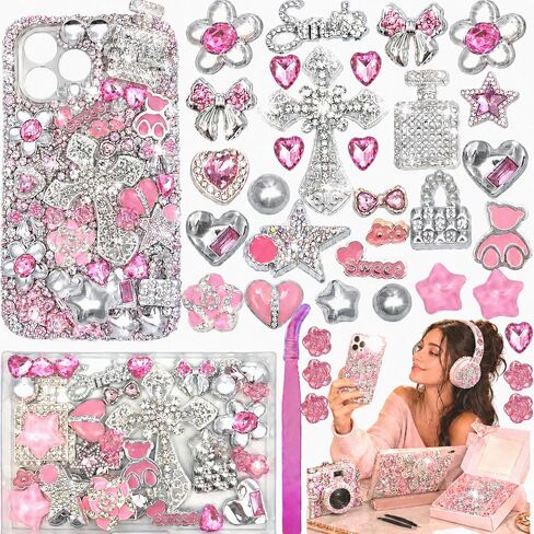 Junk Case Large Charm Kit, Rococo-Inspired Luxury and Romance Pink Silver Phone Case Charms with Rhinestone Cross, Pink Camellia&Alloy Rhinestone Heart for DIY Girls&Social Media Crafting in Saudi Arabia