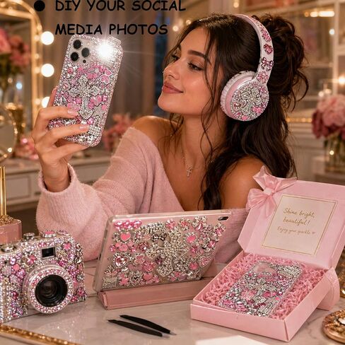 Junk Case Large Charm Kit, Rococo-Inspired Luxury and Romance Pink Silver Phone Case Charms with Rhinestone Cross, Pink Camellia&Alloy Rhinestone Heart for DIY Girls&Social Media Crafting in Saudi Arabia
