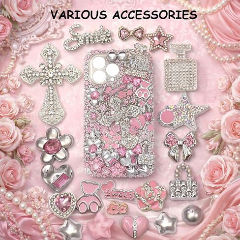 Junk Case Large Charm Kit, Rococo-Inspired Luxury and Romance Pink Silver Phone Case Charms with Rhinestone Cross, Pink Camellia&Alloy Rhinestone Heart for DIY Girls&Social Media Crafting in Saudi Arabia