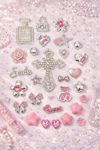 Junk Case Large Charm Kit, Rococo-Inspired Luxury and Romance Pink Silver Phone Case Charms with Rhinestone Cross, Pink Camellia&Alloy Rhinestone Heart for DIY Girls&Social Media Crafting in Saudi Arabia