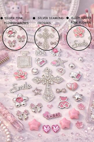 Junk Case Large Charm Kit, Rococo-Inspired Luxury and Romance Pink Silver Phone Case Charms with Rhinestone Cross, Pink Camellia&Alloy Rhinestone Heart for DIY Girls&Social Media Crafting in Saudi Arabia