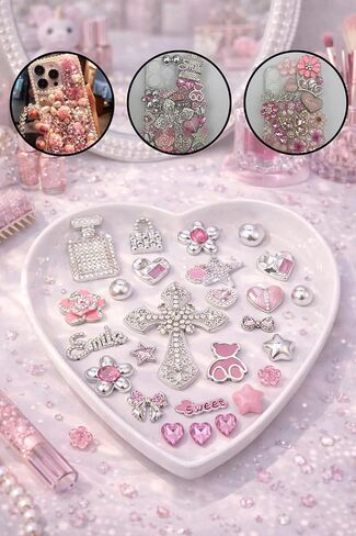 Junk Case Large Charm Kit, Rococo-Inspired Luxury and Romance Pink Silver Phone Case Charms with Rhinestone Cross, Pink Camellia&Alloy Rhinestone Heart for DIY Girls&Social Media Crafting in Saudi Arabia