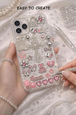 Junk Case Large Charm Kit, Rococo-Inspired Luxury and Romance Pink Silver Phone Case Charms with Rhinestone Cross, Pink Camellia&Alloy Rhinestone Heart for DIY Girls&Social Media Crafting in Saudi Arabia