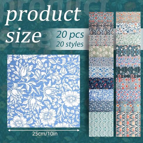 20Pcs Vintage Floral Fabric 10 x 10 Inch Quilting Patchwork Fabric Squares Precut Fat Quarter Bundles Sewing Fabrics for DIY Art Crafts Scrapbooking Hand Sewing Projects in Kuwait