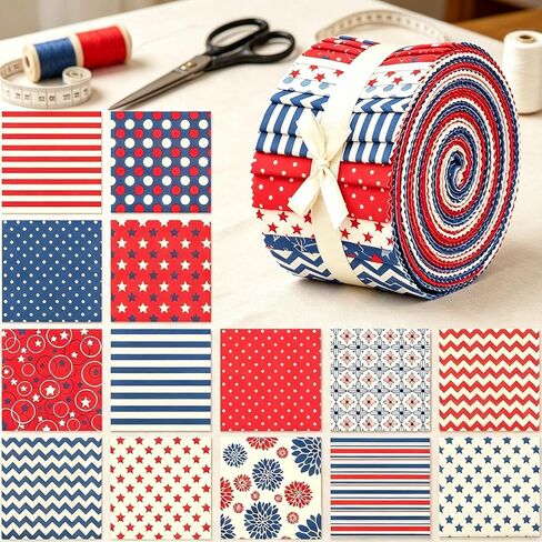 40PCS Patriotic Jelly Roll Fabric Strips,19.69 x 2.56 Inch Precut Cotton Fabric Bundles,Red White Blue Star Stripe Polka Dot Quilting Fabric for Sewing Craft in Kuwait