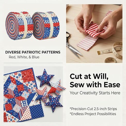 40PCS Patriotic Jelly Roll Fabric Strips,19.69 x 2.56 Inch Precut Cotton Fabric Bundles,Red White Blue Star Stripe Polka Dot Quilting Fabric for Sewing Craft in Kuwait