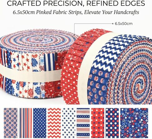40PCS Patriotic Jelly Roll Fabric Strips,19.69 x 2.56 Inch Precut Cotton Fabric Bundles,Red White Blue Star Stripe Polka Dot Quilting Fabric for Sewing Craft in Kuwait
