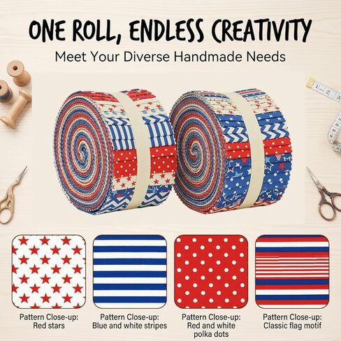 40PCS Patriotic Jelly Roll Fabric Strips,19.69 x 2.56 Inch Precut Cotton Fabric Bundles,Red White Blue Star Stripe Polka Dot Quilting Fabric for Sewing Craft in Kuwait