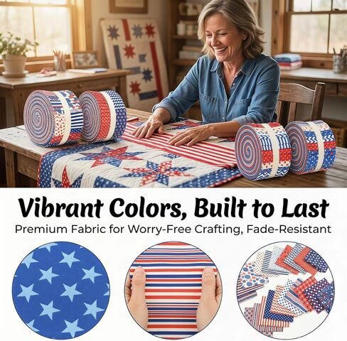 40PCS Patriotic Jelly Roll Fabric Strips,19.69 x 2.56 Inch Precut Cotton Fabric Bundles,Red White Blue Star Stripe Polka Dot Quilting Fabric for Sewing Craft in Kuwait