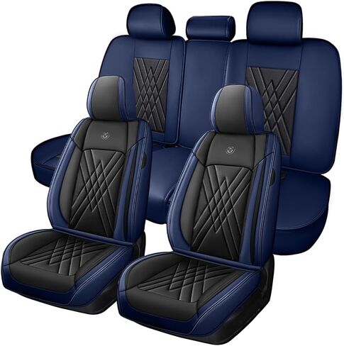 Car Seat Covers Compatible with Honda Cr-V 1999-2025, Leather Airbag Compatible 360°Full Wrapped Storage Pocket Zipper Design Easy to Clean Wear Resistant(Black Blue, Full Set) in Kuwait