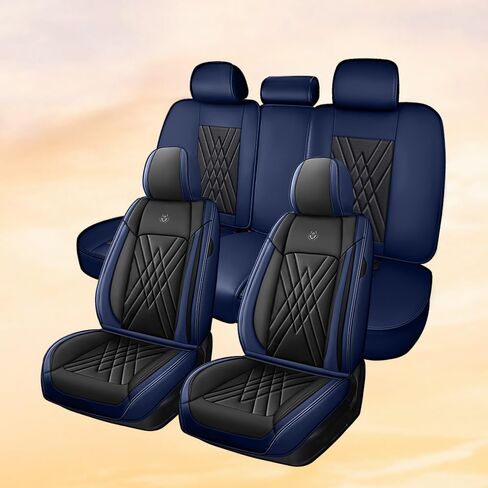Car Seat Covers Compatible with Honda Cr-V 1999-2025, Leather Airbag Compatible 360°Full Wrapped Storage Pocket Zipper Design Easy to Clean Wear Resistant(Black Blue, Full Set) in Kuwait
