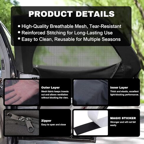 Car Window Shades, Upgrade Double Mesh Car Side Windows Cover for Heat Shading and Bug&UV Protection, Breathable Front/Rear Cars Curtains for Camping Traveling (Front + Rear Windows/4pcs) in Kuwait