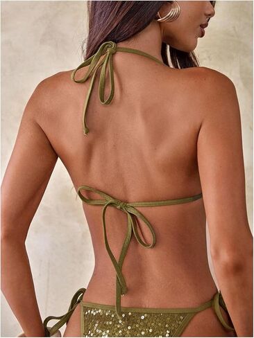 MakeMeChic Women's Sequin Triangle Bikini Tops Glitter Halter Beaded Backless Summer Swimsuit Tops in Saudi Arabia