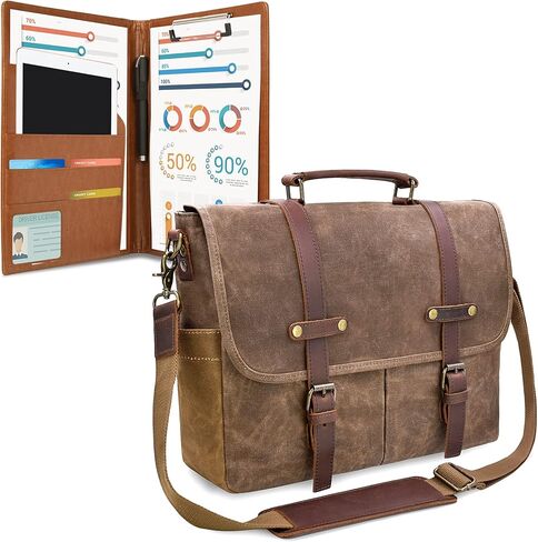 Mens Messenger Bag 15.6 Inch Waterproof Vintage Genuine Leather Waxed Canvas Briefcase Large Satchel Shoulder Bag Rugged Leather Computer Laptop Bag with Leather Portfolio, Brown Coffee in Saudi Arabia