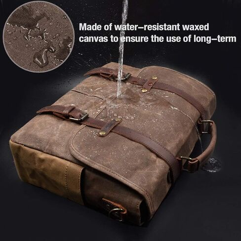 Mens Messenger Bag 15.6 Inch Waterproof Vintage Genuine Leather Waxed Canvas Briefcase Large Satchel Shoulder Bag Rugged Leather Computer Laptop Bag with Leather Portfolio, Brown Coffee in Saudi Arabia