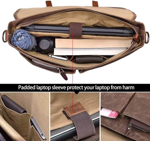 Mens Messenger Bag 15.6 Inch Waterproof Vintage Genuine Leather Waxed Canvas Briefcase Large Satchel Shoulder Bag Rugged Leather Computer Laptop Bag with Leather Portfolio, Brown Coffee in Saudi Arabia