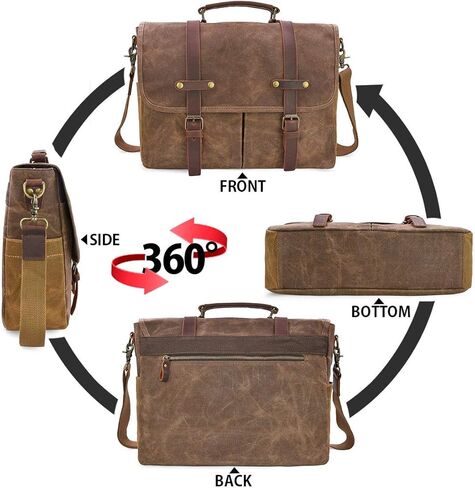 Mens Messenger Bag 15.6 Inch Waterproof Vintage Genuine Leather Waxed Canvas Briefcase Large Satchel Shoulder Bag Rugged Leather Computer Laptop Bag with Leather Portfolio, Brown Coffee in Saudi Arabia