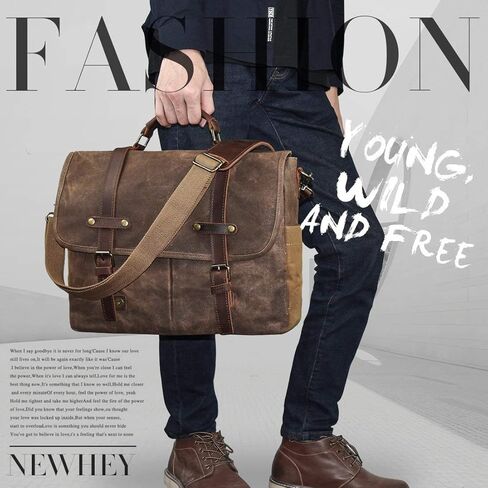 Mens Messenger Bag 15.6 Inch Waterproof Vintage Genuine Leather Waxed Canvas Briefcase Large Satchel Shoulder Bag Rugged Leather Computer Laptop Bag with Leather Portfolio, Brown Coffee in Saudi Arabia