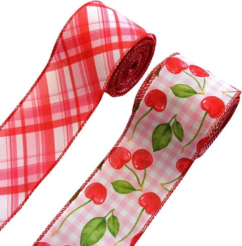 2 Rolls 10 Yards Cherry Ribbons for Spring Summer Fruit Craft Fabric Ribbon Red White Plaid Wired Edge Ribbon for Wreath Bows DIY Crafts Sewing Gift Wrapping Farmhouse Party Decoration, 2.5" in Kuwait