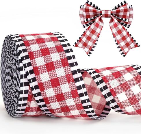 KINGLAKE Red and White Gingham Ribbon Wired – 2.5 Inch x 11 Yards Christmas Wired Ribbon Burlap Red Black Buffalo Plaid Ribbons for Christmas Tree Wreaths Bows Gift Wrapping Crafts Decor in Kuwait