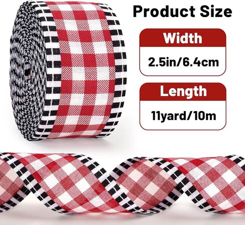 KINGLAKE Red and White Gingham Ribbon Wired – 2.5 Inch x 11 Yards Christmas Wired Ribbon Burlap Red Black Buffalo Plaid Ribbons for Christmas Tree Wreaths Bows Gift Wrapping Crafts Decor in Kuwait