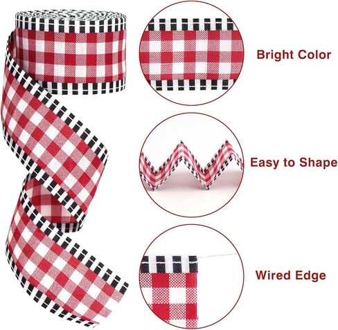 KINGLAKE Red and White Gingham Ribbon Wired – 2.5 Inch x 11 Yards Christmas Wired Ribbon Burlap Red Black Buffalo Plaid Ribbons for Christmas Tree Wreaths Bows Gift Wrapping Crafts Decor in Kuwait