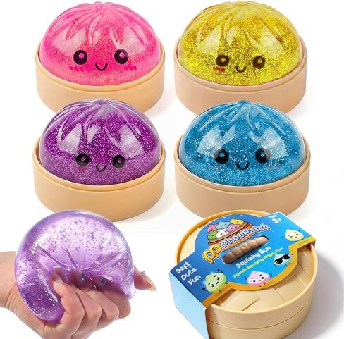 Squishy Bun 4-Pack – Glitter Dumpling Squishies with Bamboo Steamer Box, Slow-Rising Stress Relief Fidget Sensory Toys, Kawaii Squeeze Balls for Kids & Adults, Party Favors & Stocking Stuffers in Saudi Arabia