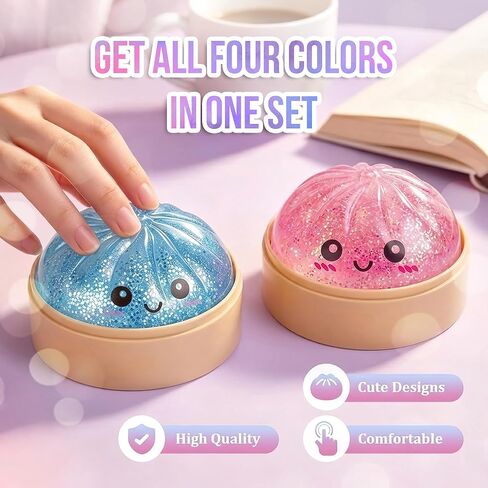 Squishy Bun 4-Pack – Glitter Dumpling Squishies with Bamboo Steamer Box, Slow-Rising Stress Relief Fidget Sensory Toys, Kawaii Squeeze Balls for Kids & Adults, Party Favors & Stocking Stuffers in Saudi Arabia