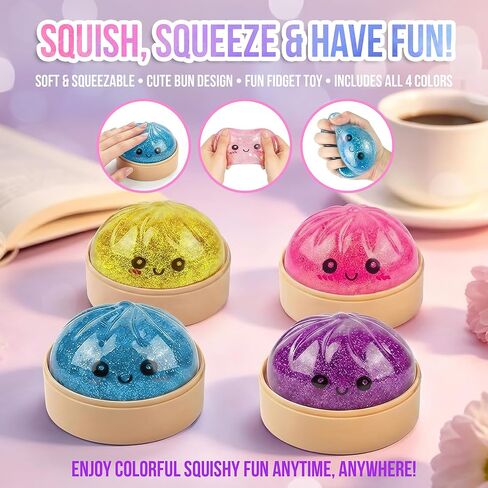 Squishy Bun 4-Pack – Glitter Dumpling Squishies with Bamboo Steamer Box, Slow-Rising Stress Relief Fidget Sensory Toys, Kawaii Squeeze Balls for Kids & Adults, Party Favors & Stocking Stuffers in Saudi Arabia