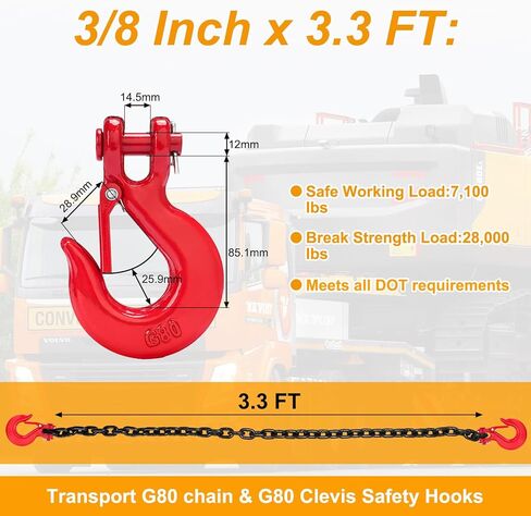 G80 3/8'' Trailer Safety Chain with Chain Retainer & G80 Clevis Snap Hook, 7,100 lbs Working Load,Heavy Duty Transport Binder Tow Chains with Upgraded G80 Clevis Safety Hooks in Saudi Arabia