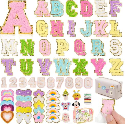 87 Pcs Self-Adhesive Chenille Letter Patches 52 A-Z Chenille Letter Patches Stickers, 35 Rainbow Bownot Heart Stick on Patches with Storage Bag, Chenille Stick on Patches for DIY Clothing, Hats, Bags in Kuwait